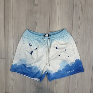 YoungLA White and Blue Gradient Athletic Shorts with Bird Motif